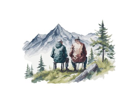Illustration for Hiking in mountains alone outdoor active lifestyle travel adventure vacations with landscape nature - Royalty Free Image