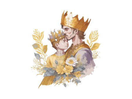 Illustration for Watercolor Stronge Father King Man, With Her Daughter, Son, Father's Day Concept, Vector Illustration Clipart With Flowers - Royalty Free Image