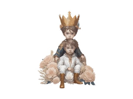 Illustration for Watercolor illustration of crown prince, little king sitting on the throne. - Royalty Free Image