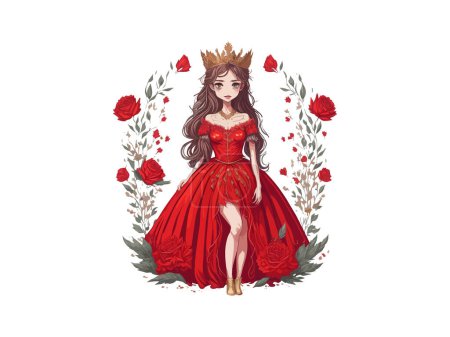 Téléchargez les illustrations : Vecteur fille princesse mignonne avec couronne dorée et robe de royauté décorée par fleur - en licence libre de droit