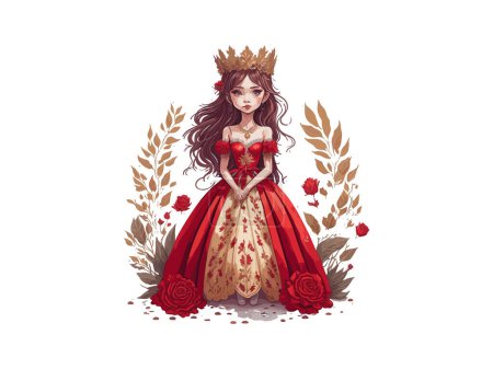 Téléchargez les illustrations : Vecteur fille princesse mignonne avec couronne dorée et robe de royauté décorée par fleur - en licence libre de droit