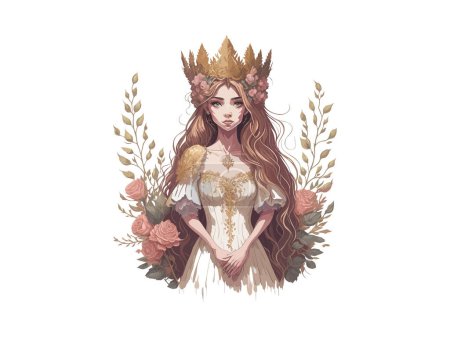 Ilustración de Vector linda princesa chica con corona de oro y vestido de la realeza decorado por la flor - Imagen libre de derechos