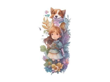 Ilustración de Acuarela Linda Anime Girl, Con flores, Arte de fantasía, Con su amigo perro, Vector Illustration Clipart - Imagen libre de derechos