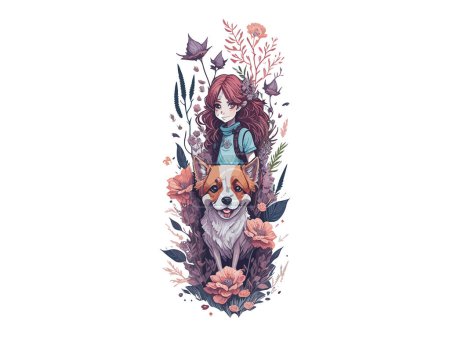 Illustration for Watercolor Cute Anime Girl, With flowers, Fantasy Art, With Her Dog Friend, Vector Illustration Clipart - Royalty Free Image