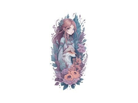 Téléchargez les illustrations : Aquarelle mignonne Anime Girl, Avec des fleurs, Fantasy Art, Avec son ami chien, Clipart Illustration vectorielle - en licence libre de droit