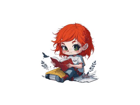 Ilustración de Pequeña niña leyendo libro, linda chica de pelo rojo con libro y flores. - Imagen libre de derechos