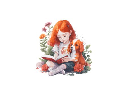 Téléchargez les illustrations : Petite fille lisant le livre, Mignon fille aux cheveux rouges avec le livre et les fleurs. - en licence libre de droit