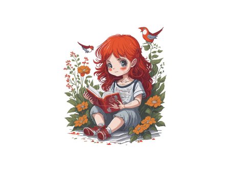 Téléchargez les illustrations : Petite fille lisant le livre, Mignon fille aux cheveux rouges avec le livre et les fleurs. - en licence libre de droit
