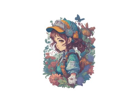 Illustration for Watercolor Cute Anime Girl, With flowers, Fantasy Art, With Her Dog Friend, Vector Illustration Clipart - Royalty Free Image