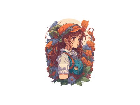 Téléchargez les illustrations : Aquarelle mignonne Anime Girl, Avec des fleurs, Fantasy Art, Avec son ami chien, Clipart Illustration vectorielle - en licence libre de droit