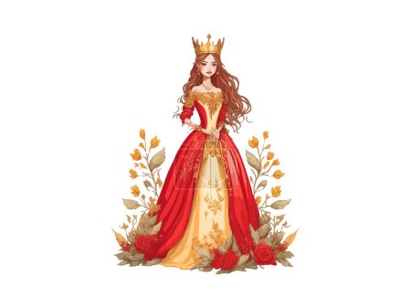 Téléchargez les illustrations : Vecteur fille princesse mignonne avec couronne dorée et robe de royauté décorée par fleur. - en licence libre de droit