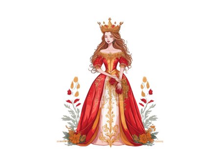 Téléchargez les illustrations : Vecteur fille princesse mignonne avec couronne dorée et robe de royauté décorée par fleur. - en licence libre de droit