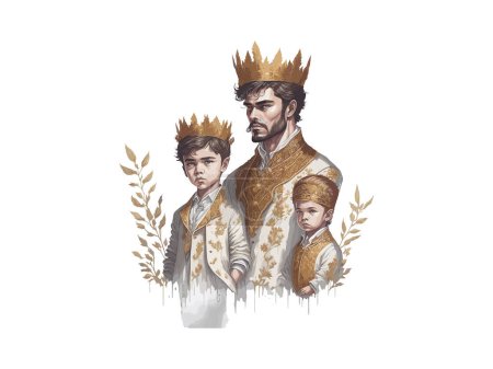 Illustration for Watercolor Stronge Father King Man, With Her Daughter, Son, Father's Day Concept, Vector Illustration Clipart With Flowers - Royalty Free Image