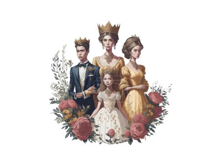 Ilustración de Acuarela Familia Real, Rey, Reina, Príncipe y Princesa con Flores Vector Illustration Clipart - Imagen libre de derechos