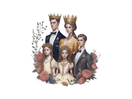 Illustration for Watercolor Royal Family, King, Queen, Prince and Princess With Flowers Vector Illustration Clipart - Royalty Free Image