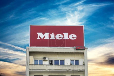 Photo for Bucharest, Romania -Aug 2022: Miele company logo on a outdoor sign board. Miele is a German manufacturer of high-end domestic appliances and commercial equipment - Royalty Free Image