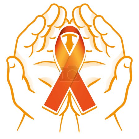 Illustration for Orange ribbon supported in the hands. Ideal for awareness and education campaigns - Royalty Free Image