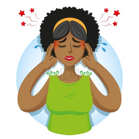 Illustration for Afro-descendant woman person mascot with headache, symptoms. Ideal for informative and institutional related to medicine - Royalty Free Image