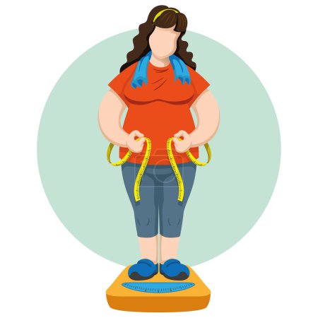 Téléchargez les illustrations : Femme joufflu sur des échelles mesurant la taille avec du ruban à mesurer. Idéal pour la formation et le matériel éducatif - en licence libre de droit