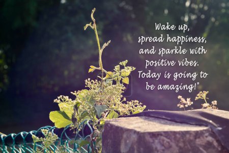 Grüne Natur mit inspirierendem Zitat Wake up verbreitet Glück und sprüht vor positiver Stimmung, heute wird es fantastisch.