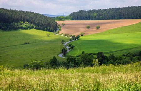 Route sinueuse dans un champ près de la ville de Levoca, Slovaquie