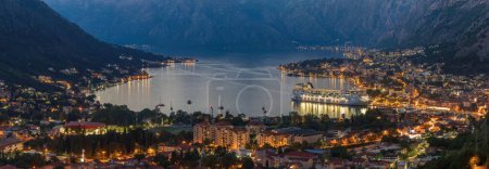 Photo for Kotor, Montenegro - September 10 2023: Panoramic view to Kotor Bay and Old Town from above at sunset. - Royalty Free Image