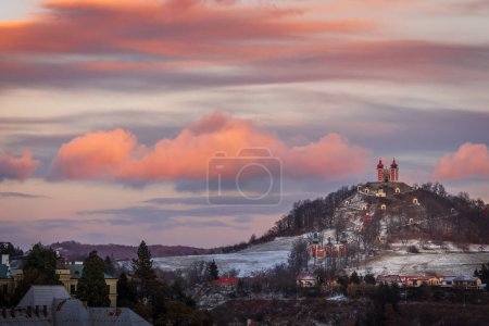 Photo for Banska Stiavnica, Slovakia is one of the most beautiful towns in Europe. Calvary on the hill is a architectural and landscape unit at sunset - Royalty Free Image