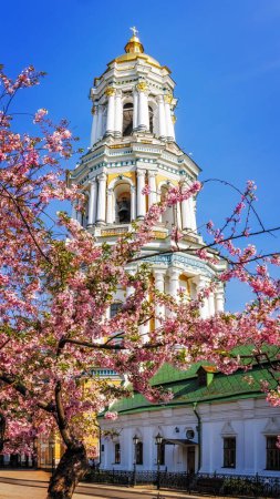Photo for Pink sakura blossom in the front of the bell tower of Kyiv Pechersk Lavra - Royalty Free Image