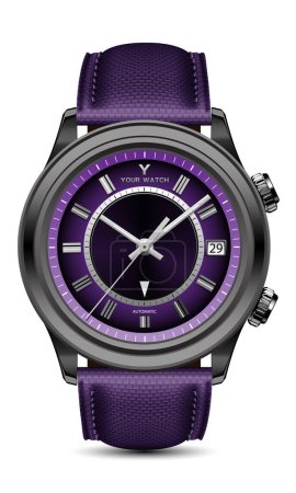Realistic watch clock black steel grey arrow purple face with fabric strap on white design classic luxury for men vector