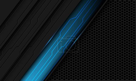 Téléchargez les illustrations : Abstrait bleu ligne noir circuit sur gris métallique hexagone mesh géométrique design ultramoderne technologie futuriste arrière-plan vecteur - en licence libre de droit