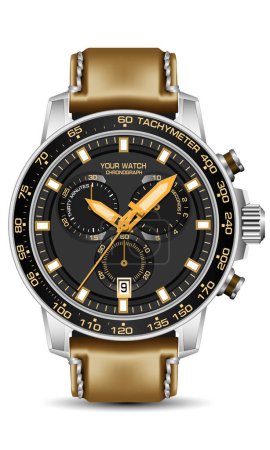 Ilustración de Realistic silver black watch chronograph yellow face leather strap on white backgrounddesign for men fashion vector - Imagen libre de derechos
