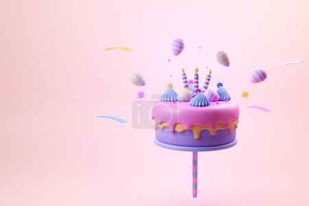 Birthday cake and anniversary with a purple candle and flying egg 3d illustration