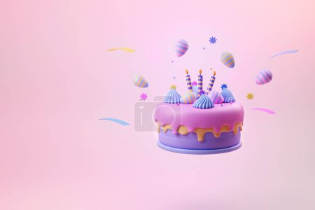 Flying birthday cake and anniversary with cute  egg for easter day 3d illustration