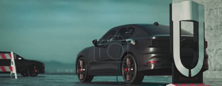 Foto de Lujo del automóvil del vehículo eléctrico negro, en energía respetuosa del medio ambiente del estacionamiento eléctrico, renderizado 3d e ilustración - Imagen libre de derechos