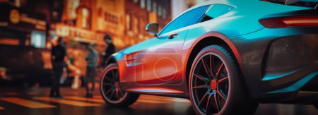 Photo for A side view of a sports car parked at a traffic light. with people passing by The background is a city at night 3 dimensions and illustrations - Royalty Free Image