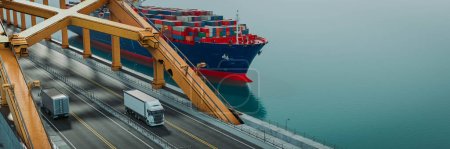 Gütertransport per LKW über den Fluss. und Transport von Großcontainern per Schiff, 3 Dimensionen und Abbildungen