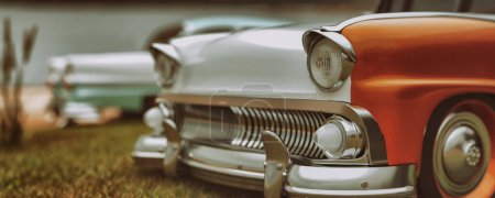 Téléchargez les photos : Gros plan d'une voiture vintage aux couleurs crème et orange avec fond de rivière, 3 dimensions et illustrations - en image libre de droit