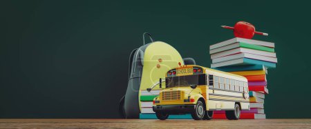 Photo for School bus and book and pencil. back to school concept design. Welcome back to school background on chalk board. 3d render and illustration. - Royalty Free Image