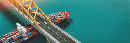 Großes Containerschiff, Transportsystem per LKW und Schiff über Land, 3-dimensional und Illustration.