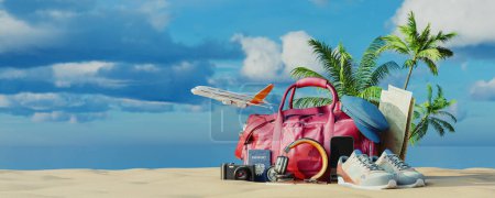Photo for Equipment for preparing to travel, passport bag shoes headphones camera travel concept, sky and sea background, 3 dimensional and Illustration. - Royalty Free Image