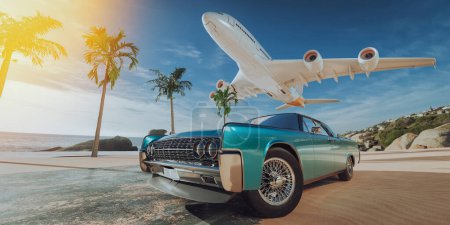 Téléchargez les photos : Vintage cars and planes In the background is the beach and the sea, summer vacation concept.3d render and illustration - en image libre de droit