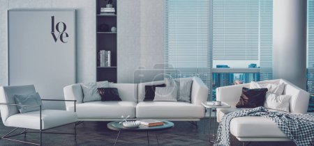 Foto de Luxurious living room inside the condo with modern interior design, white leather sofa, coffee table, bookshelf, picture frame, lamp, behind the city view.3d render and illustration. - Imagen libre de derechos