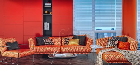 Téléchargez les photos : Luxury living room inside condo with modern interior design, orange and gold sofa, coffee table, gold decorations, lamps, behind city view 3d render and illustration. - en image libre de droit