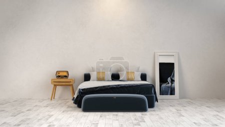 Foto de Modern interiors of contemporary rooms with comfortable beds. double bed with white pillows and soft blanket,3d rendering and illustration. - Imagen libre de derechos