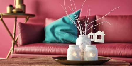 Téléchargez les photos : Aromatic reed air freshener and scented candle on table indoors.  living room and sofa background. 3d rendering and illustration. - en image libre de droit
