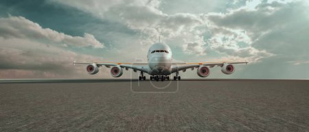Photo for Airplane on runway preparing for landing or taking off background sky 3d render and illrustration. - Royalty Free Image