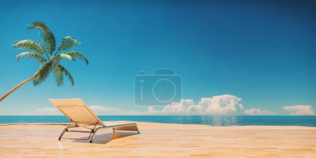 Téléchargez les photos : Sunbathing bench on wooden eaves jutting out to sea background sky concept holiday and relaxation. 3d rendering and illustration. - en image libre de droit