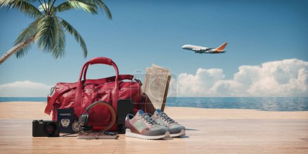 Photo for Equipment for travel preparation with camera on wooden eaves jutting out to sea background sky concept holiday and relaxation. 3d rendering and illustration. - Royalty Free Image