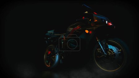 Foto de Motorcycle, full engine, luxurious, in a black studio with light and shadows.3d render and illustration. - Imagen libre de derechos