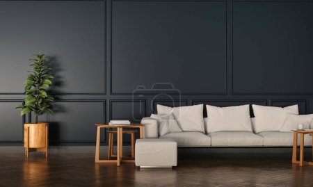 Foto de Dark gray living room Inside the dark room was empty. Designed in a luxurious style and Large white sofa with plants and center table 3D renderings and illustrations. - Imagen libre de derechos